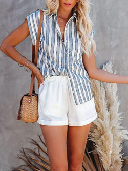 Button Down Collar Cap Sleeve Blouse Shirt