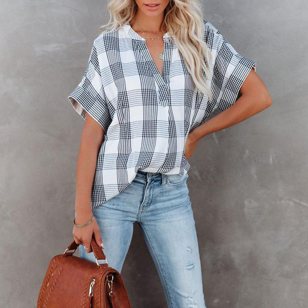 Plaid Color Button Down Loose Blouse Shirt