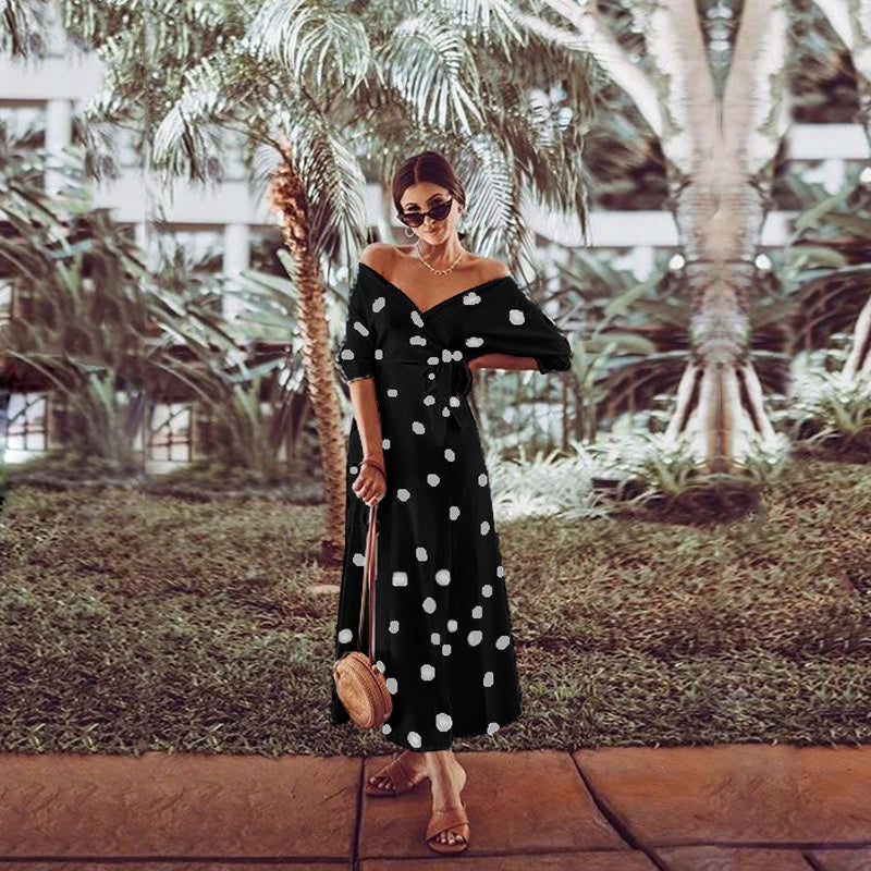 Casual Large Polka Dot V Neck Off Shoulder Maxi Dress