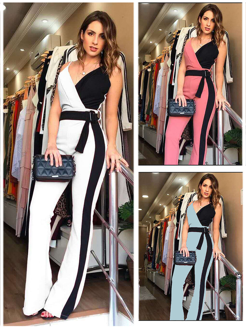 Spaghetti Strap V Neck Jumpsuit Long Pants with Belt