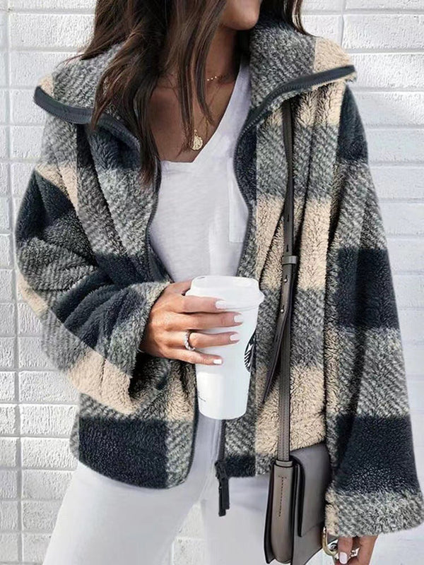 Loose Plaid Zip Up Collar Sweater Jacket