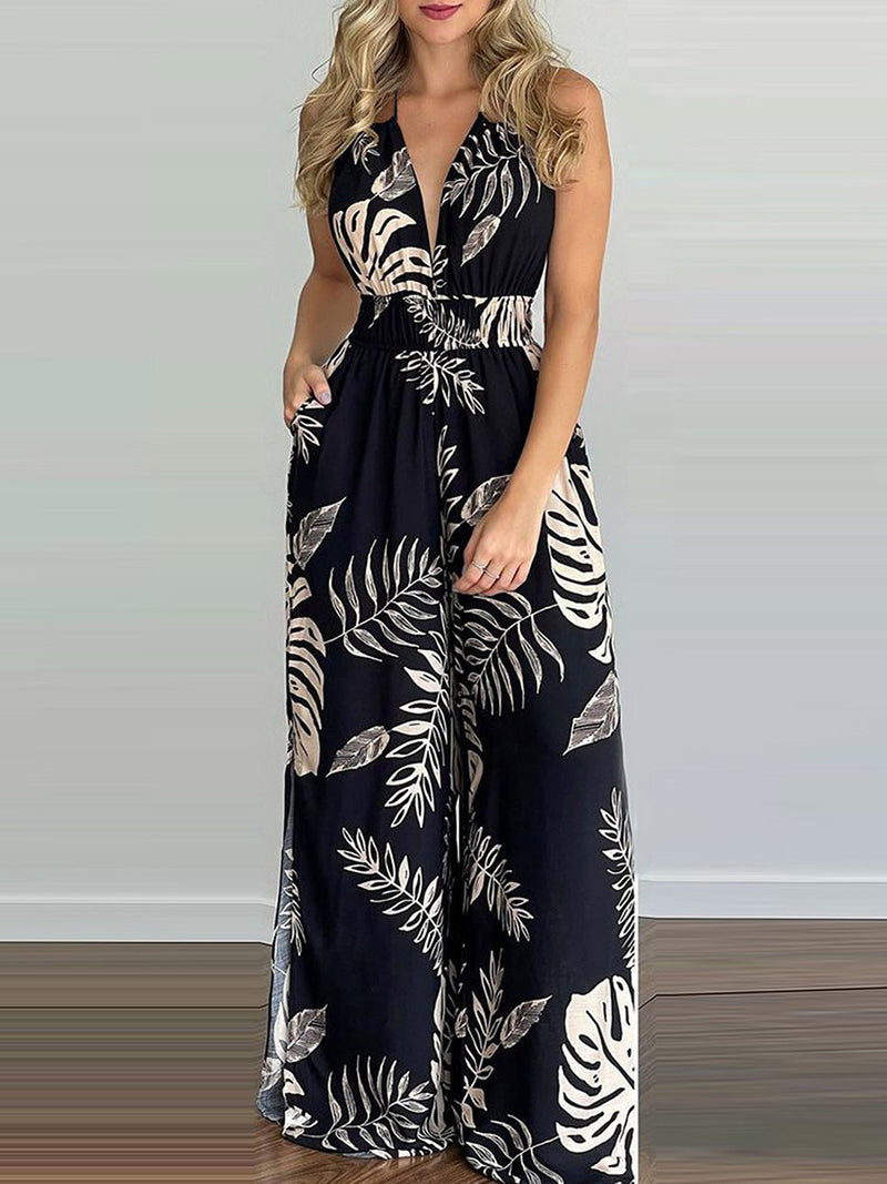 Double Spaghetti Strap Sleeveless Leaf Print Jumpsuit