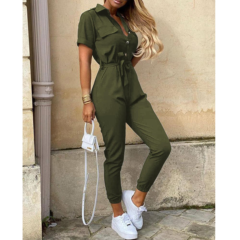 Short Sleeve Buttoned Jumpsuit