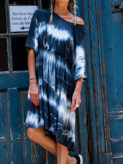 Off Shoulder Tie Dye Loose Casual Midi Dress