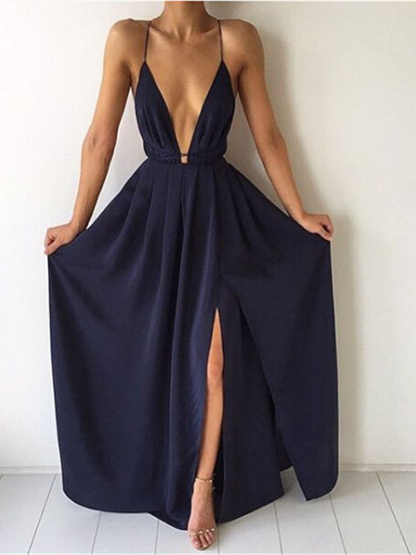 Deep V Neck Side Split Spaghetti Strap Maxi Dress