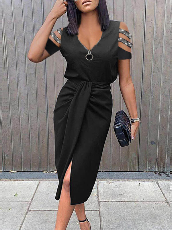 Zip Up Cold Shoulder V Neck Side Split Midi Dress