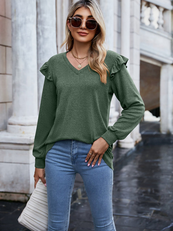 Casual Long Sleeve V-Neck Solid Color Sweat Top