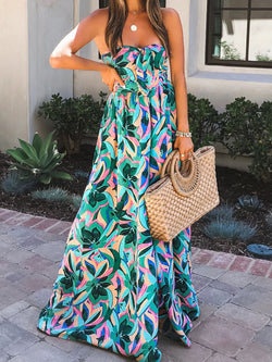 Elegant Sleeveless Off Shoulder Printed Maxi Dress