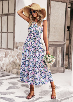 Sleeveless V-Neck Floral Print Loose Flared Midi Dress