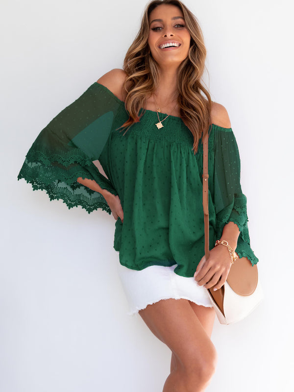 Polka Dot Off Shoulder Lace Sleeve Top