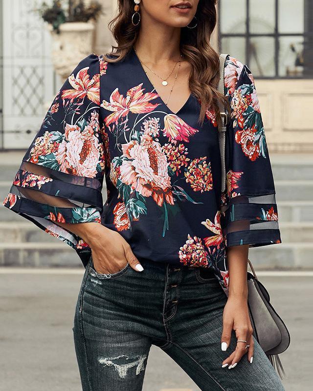 Floral Print V Neck Blouse (3 Color