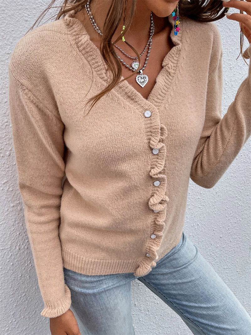 V Neck Long Sleeve Knitted Button Down Sweater