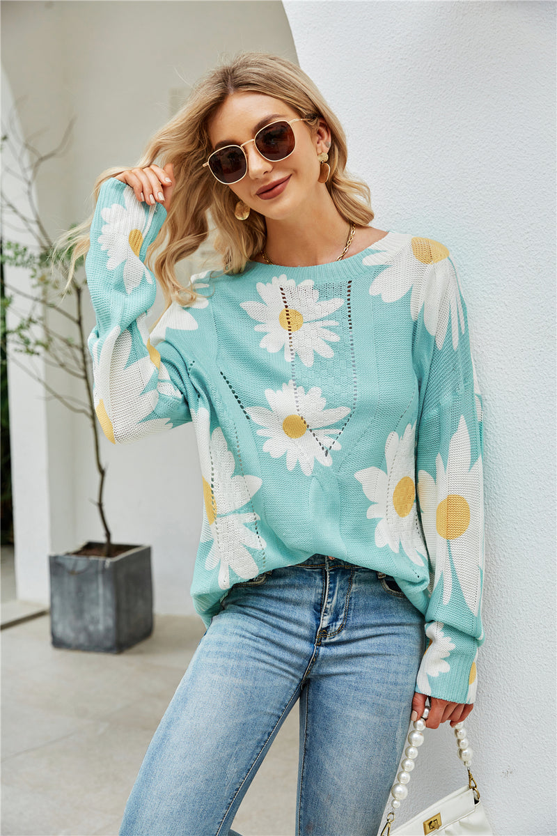 Casual Crew Neck Long Sleeve Floral Print Sweater