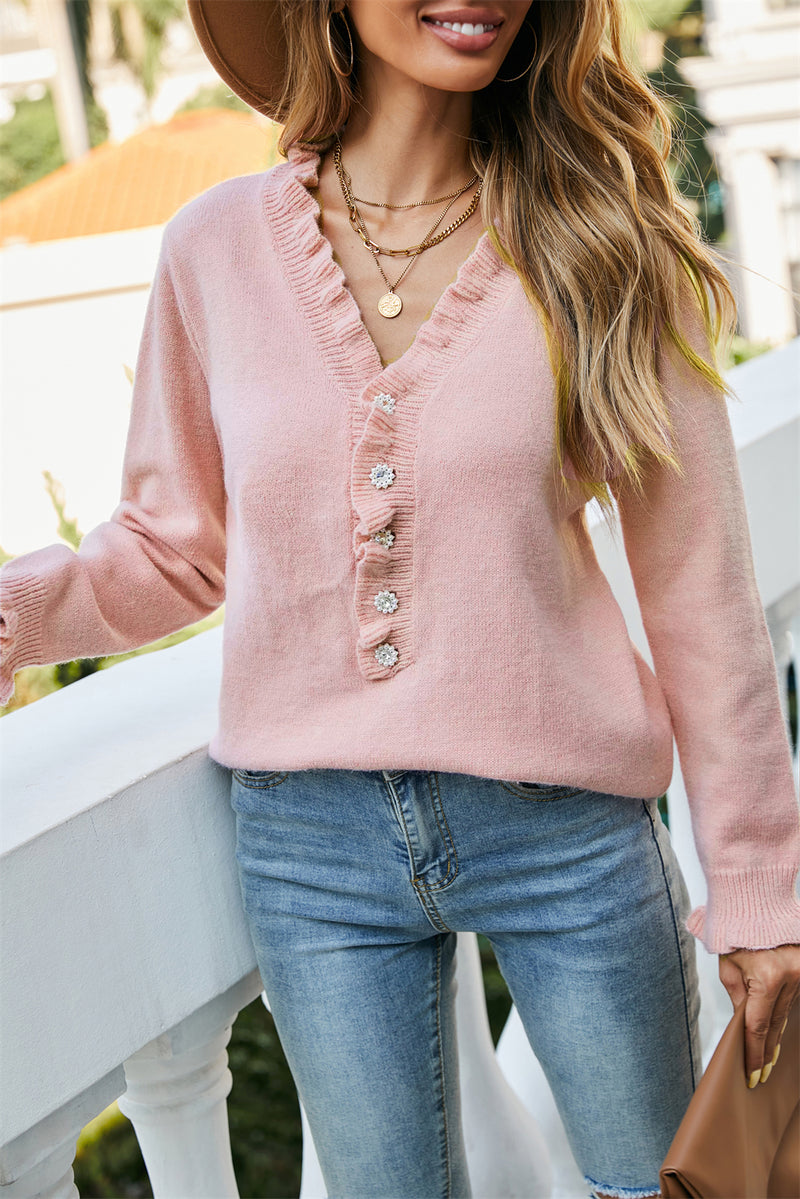 Button Up V Neck Long Sleeve Casual Sweater