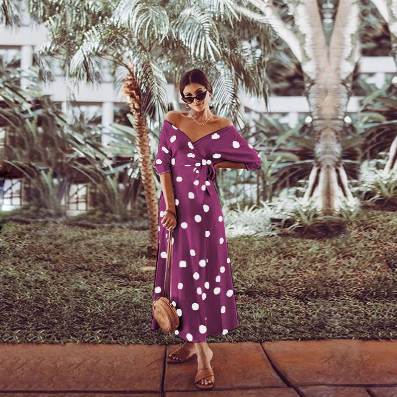 Casual Large Polka Dot V Neck Off Shoulder Maxi Dress