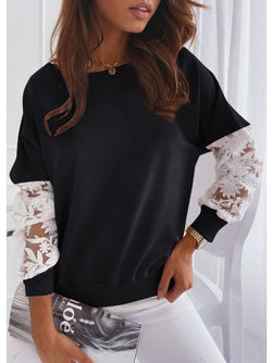 Long Lace Sleeve Crew Neck Casual Sweatshirt