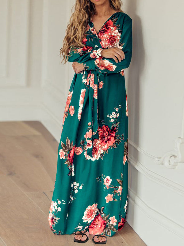 Casual V Neck Long Sleeve Loose Maxi Dress