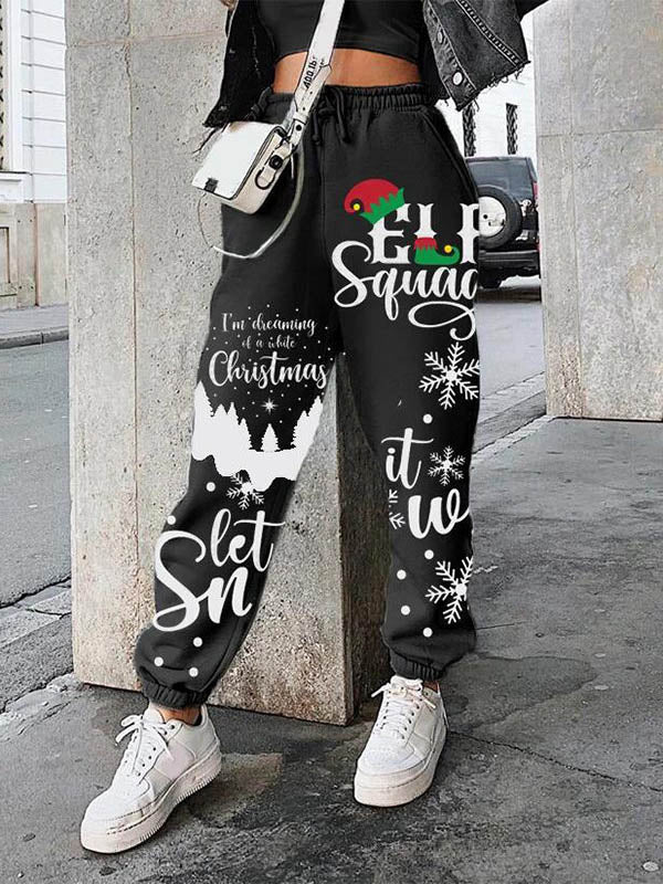 Christmas Print Elastic Waist Sweat Pants