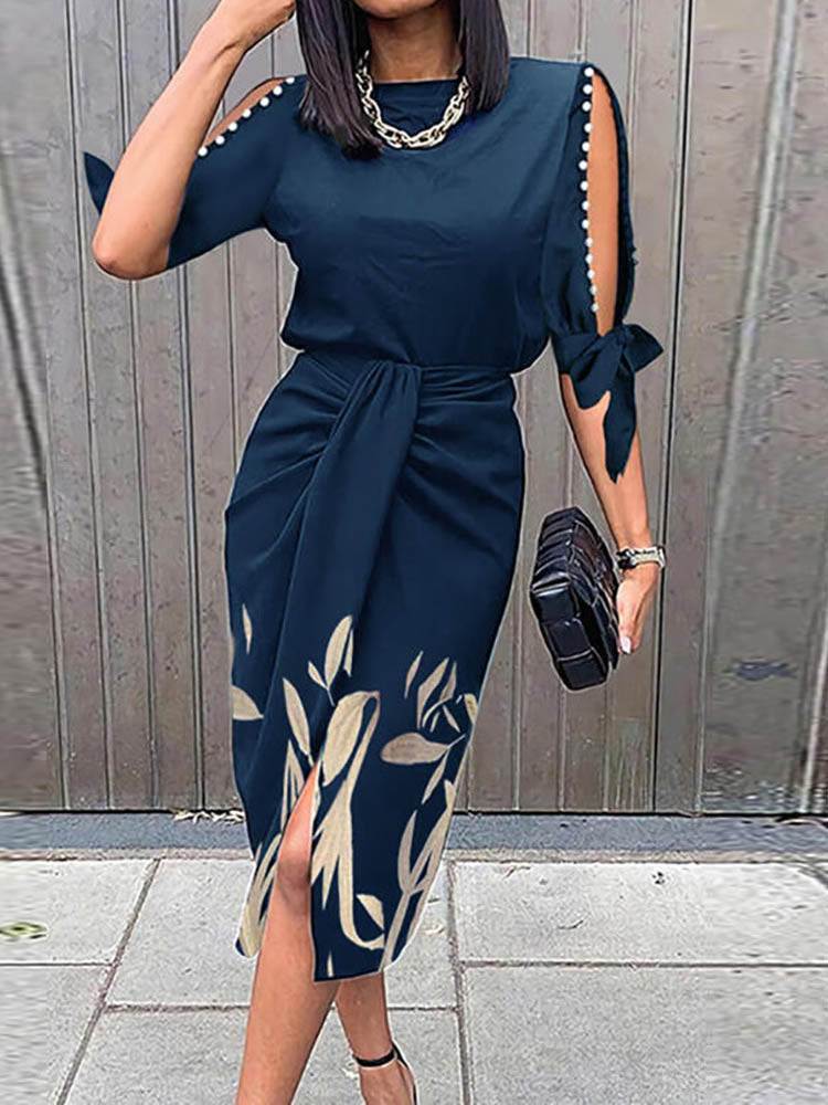 Round Neck Waist Wrap Short Sleeve Midi Dress