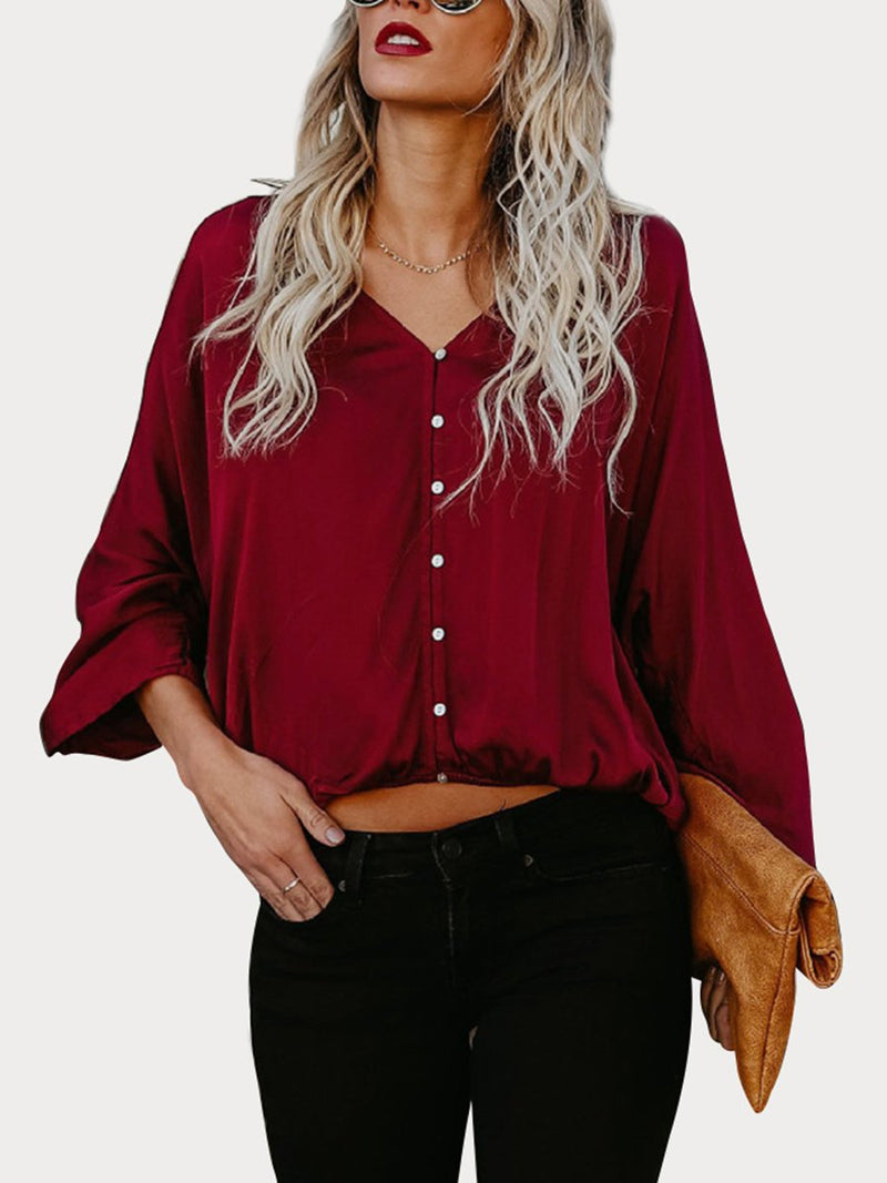 Black Button Down V Neck Casual Blouse - Landing Closet