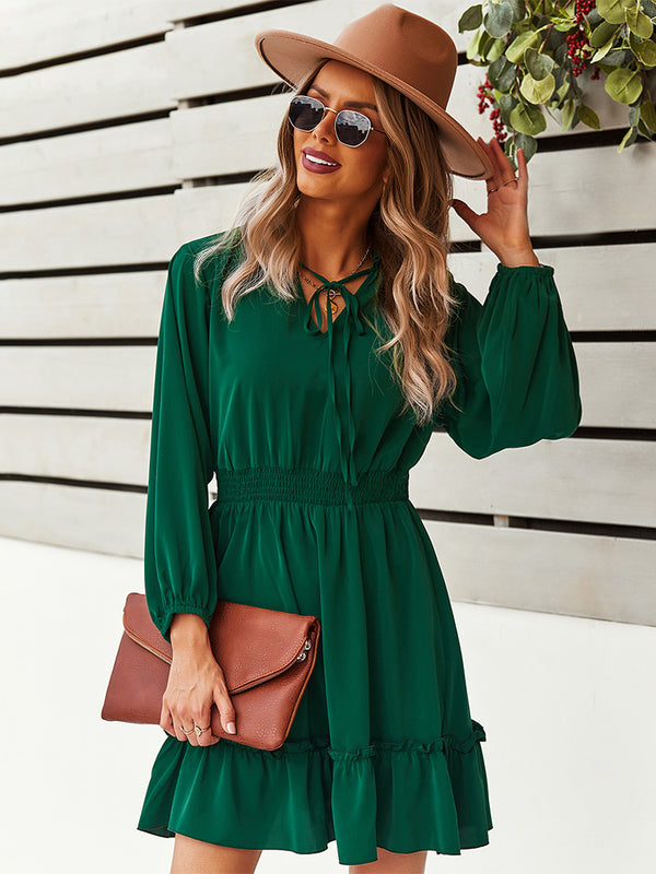 Elastic Waist Long Sleeve V Neck Mini Dress