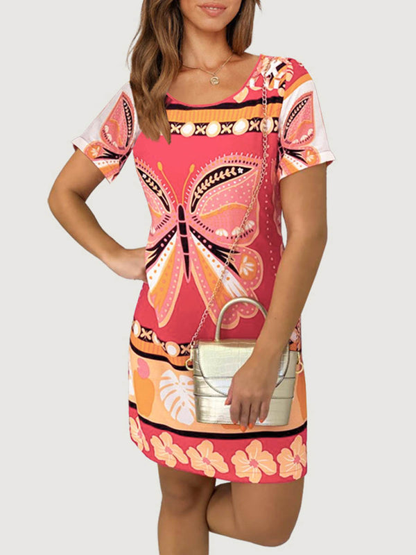 Butterfly Print Short Sleeve Round Neck Mini Dress