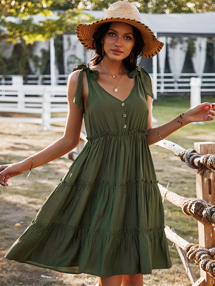 Adjustable Straps Sleeveless Button Up Midi Dress