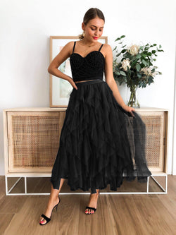 Elastic Waist Tulle Tiered Classic Long Skirt