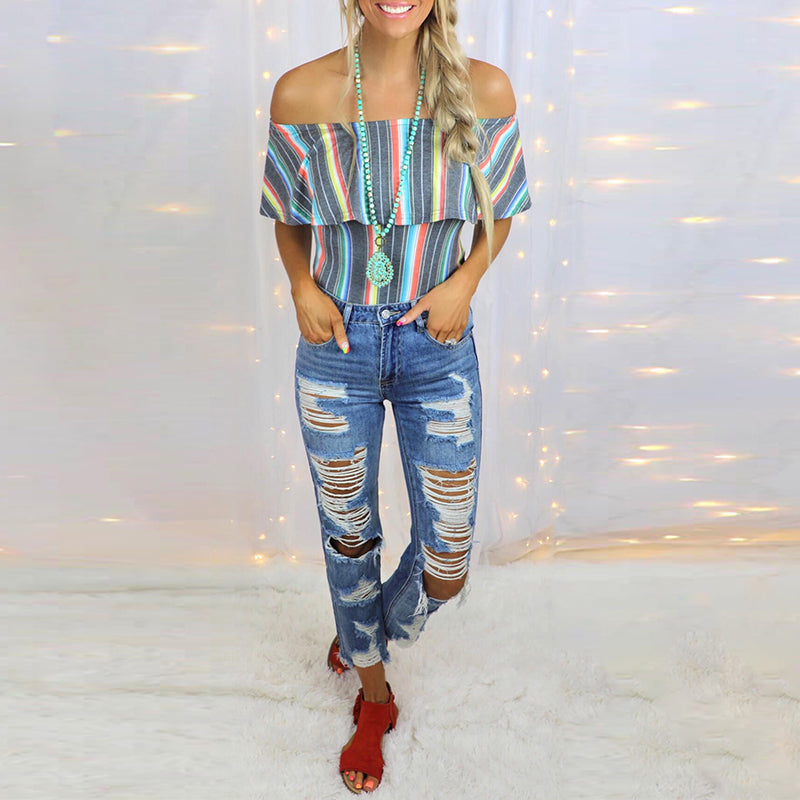 Casual Off Shoulder Multicolor Blouse Top