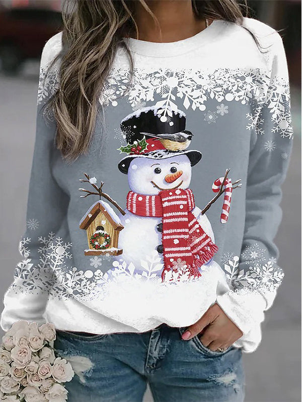 Casual Long Sleeve Crew Neck Snowman Print Sweatshirt