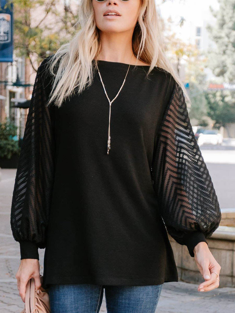 Puff Transparent Sleeve Crew Neck Blouse Top