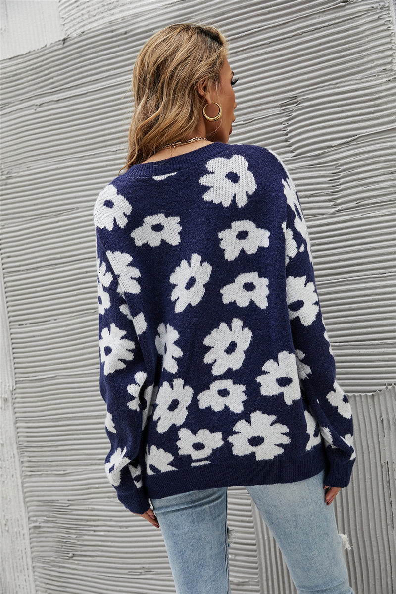 Casual Round Neck Long Sleeve Floral Sweater