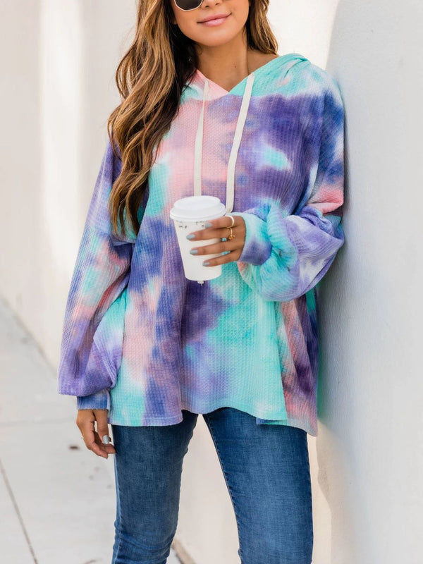 Long Sleeve Drawstring Knit Tie Dye Hoodie Top