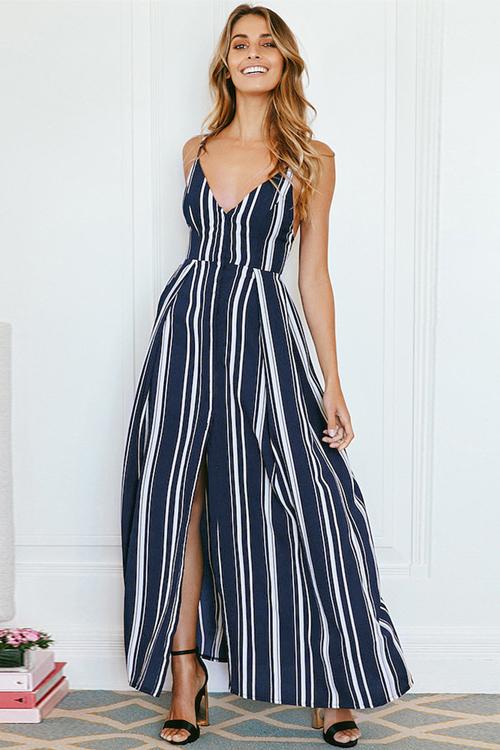 Backless Spaghetti Stripe Maxi Dress