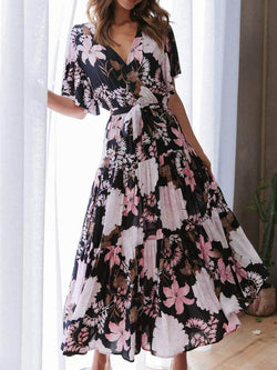 Floral V Neck Short Sleeve Maxi Dress