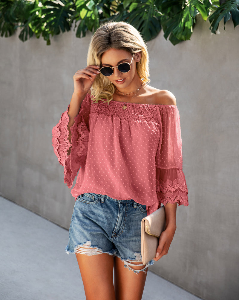 Polka Dot Off Shoulder Lace Sleeve Top