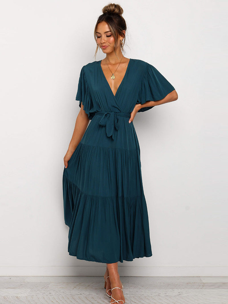 V Neck Tie Waist Short Sleeve Maxi Dress