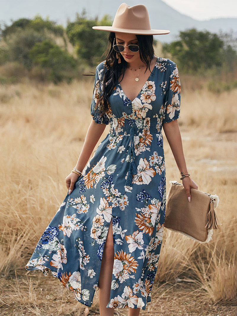 Short Sleeve V Neck Floral Side Split Maxi Dress