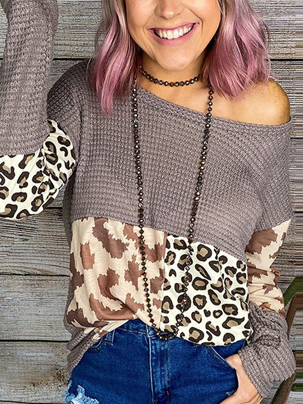 Casual Round Neck Leopard Block Blouse Top