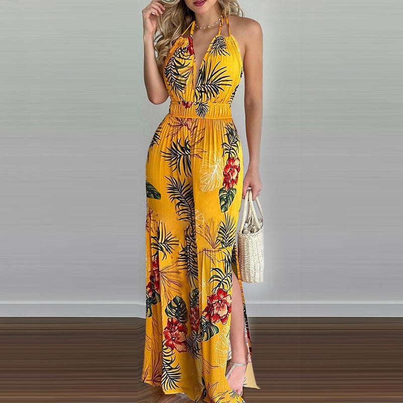 Double Spaghetti Strap Sleeveless Leaf Print Jumpsuit