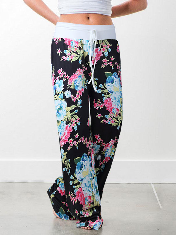 Casual Long Floral Loose Drawstring Elastic Waist Pajama Pants