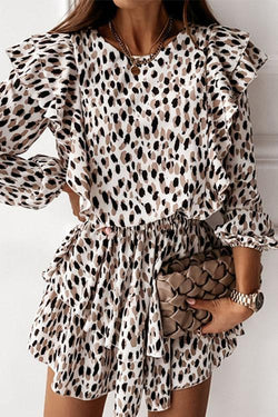 Long Sleeve Waisted Ruffle Layered Printed Dress