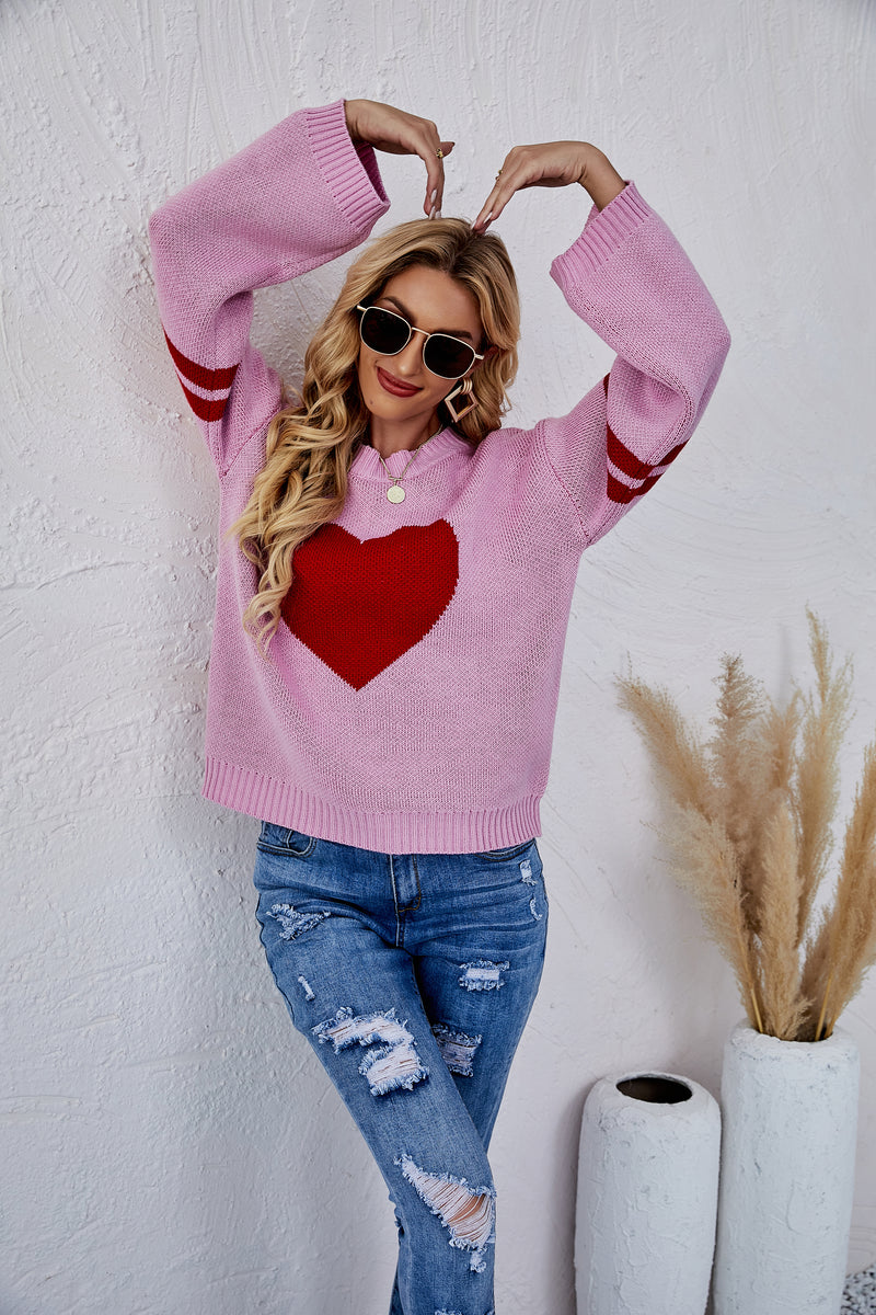 Heart Printed Round Neck Knit Sweater