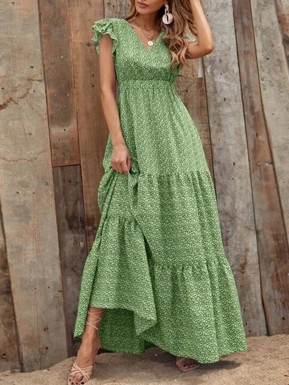 Ruffle Sleeve High Waist V Neck Maxi Dress