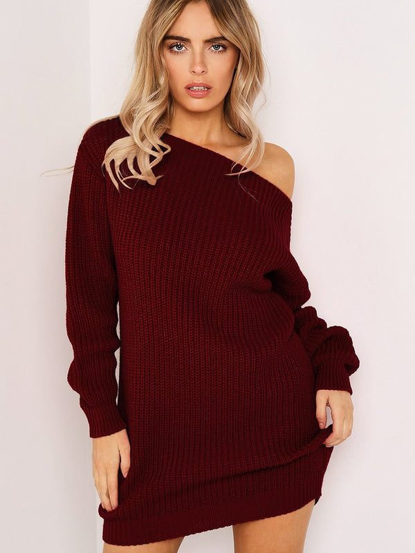 Plain One Shoulder Bodycon Sweater MIni Dress