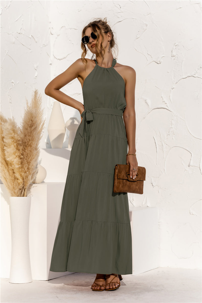 Tie Waist Round-Neck Spaghetti Strap Backless Maxi Dress