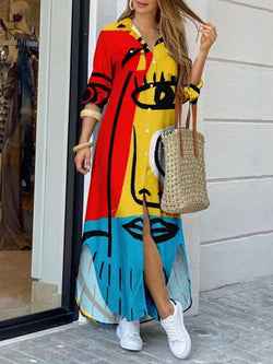 Face Print Side Split Color Block Button Up Maxi Dress