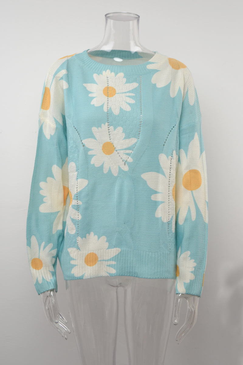 Casual Crew Neck Long Sleeve Floral Print Sweater