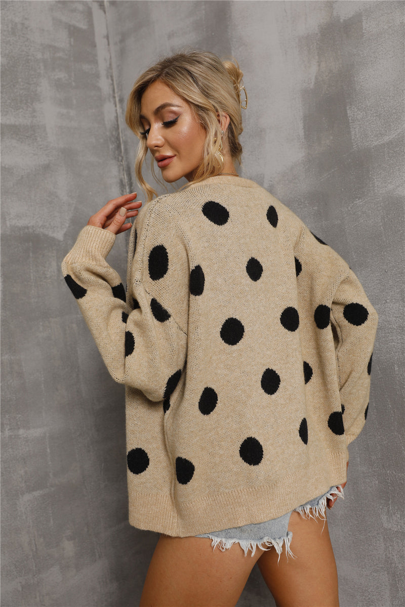 Long Sleeve Open Front Polka Dot Sweater Cardigan