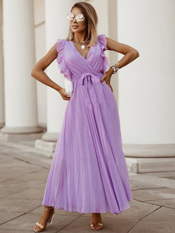 Ruffle Sleeveless V Neck Wrap Front Maxi Dress